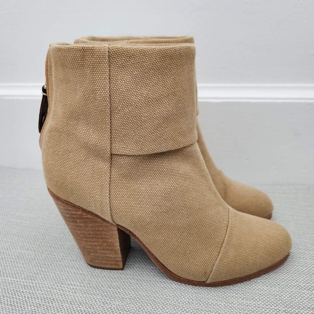 Rag & Bone Newbury Tan Canvas Ankle Heeled Bootie Women Eu 36.5 Us 6.5